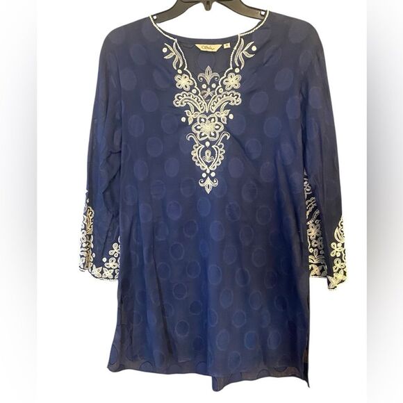 Sulu Sz 6 Navy Blue Ornate Intricate Embroidered Front & Statement Sleeve Tunic - Picture 1 of 10
